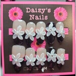Medium Size Press-on Nail 10Pc Set Handmade Almond Black 3D Flower 2.5 Cm Length